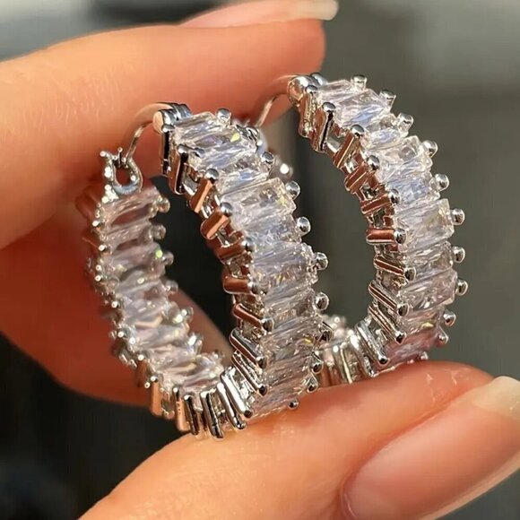 Huggie Small Hoop Earrings w/ Rectangular Stones and Tons of Bling #1419 - Picture 1 of 7